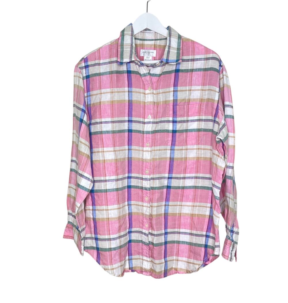 Vintage Jones New York Linen Pink Plaid Oversized Long Sleeve Button Shirt Sz L